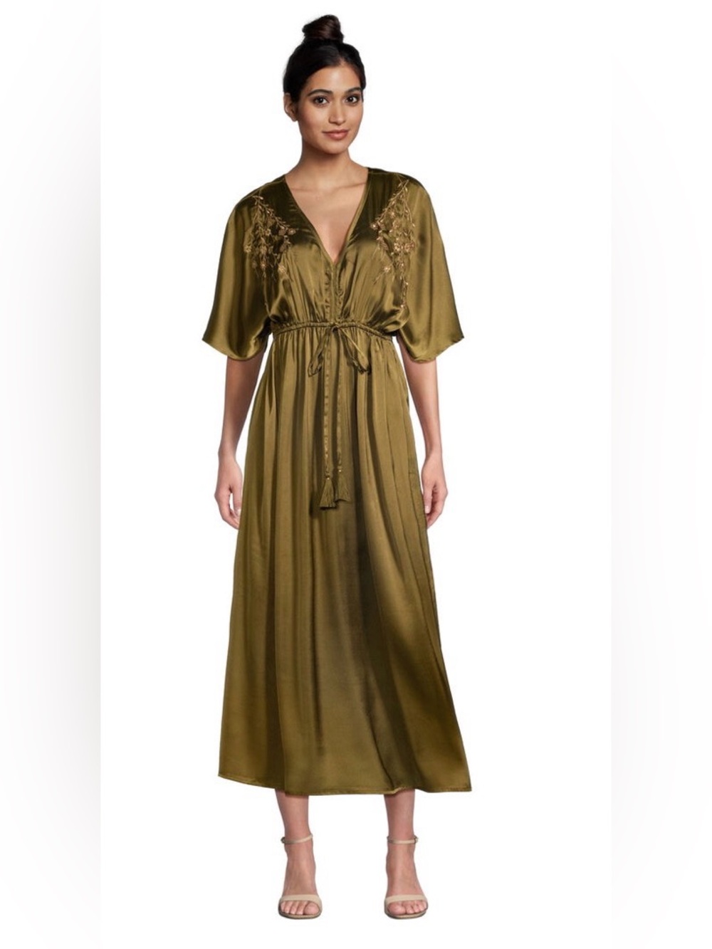 World Market Mira Olive Green Satin Floral Embroidered Kaftan DressSize L/XL